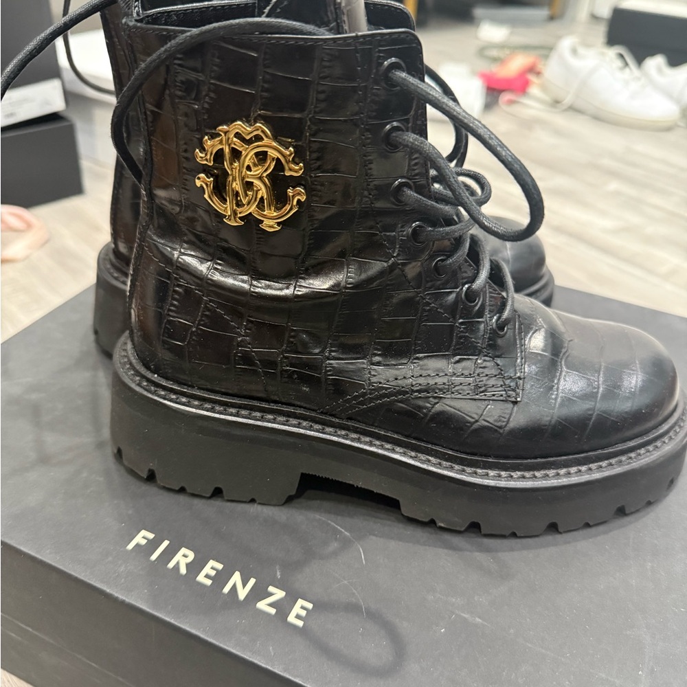 Roberto Cavalli Black Ankle Boots with Gold Accent